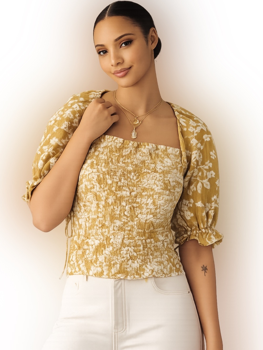 Anthropologie Smocked Floral Puff Sleeve Top Mustard Yellow Boho Cottagecore XL